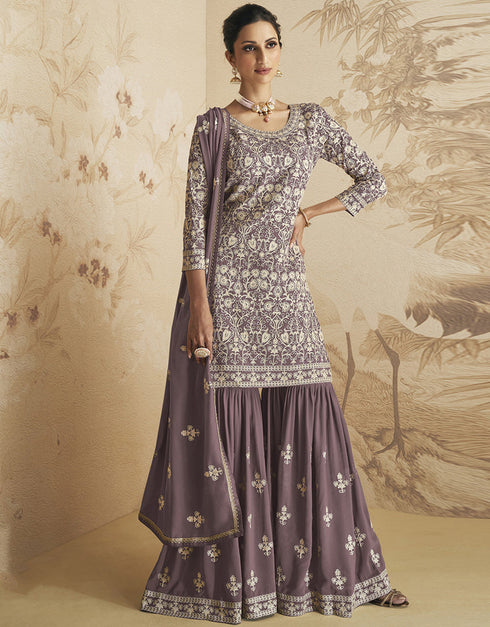 Traditional Function Wear Georgette Salwar Suit Collection Light Purple Georgette Sharara Suit Front View